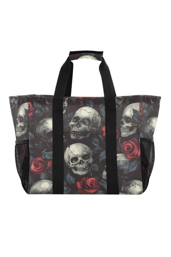 Skull Red Roses Pattern Tote Shopping Bag Reusable Heavy Duty Durable Foldable Washable 15.412.89.8in