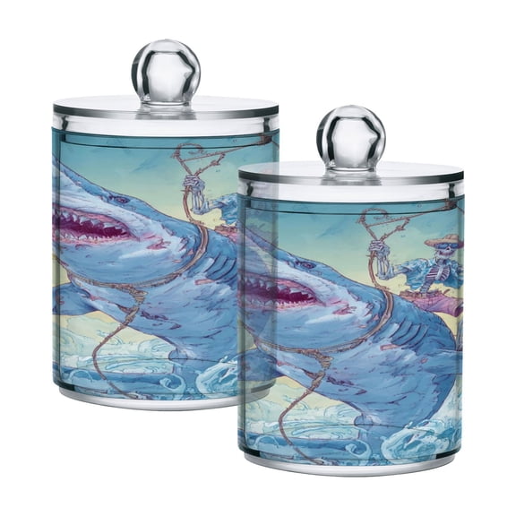 WOBOGO Skull Shark Transparent Plastic Jar 2pcs Cotton Swabs Balls Pads Floss Stick Dispenser Bathroom Vanity Storage Organizer