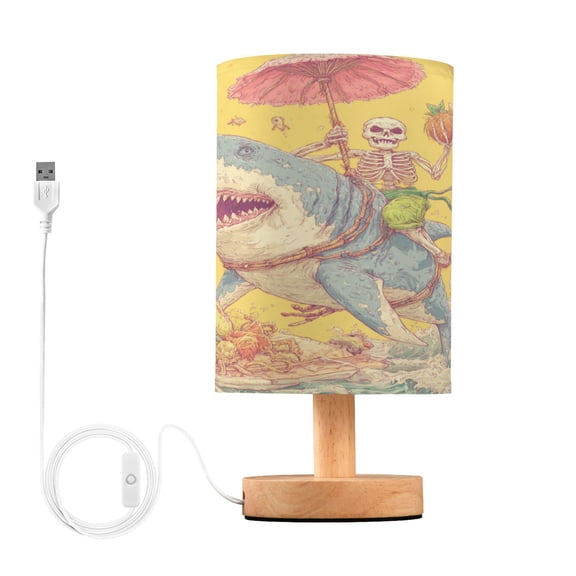 WOBOGO Skull Surfing Bedroom Table Lamp USB Power Connector Wooden Base Round Linen Shade For Living Room Desk