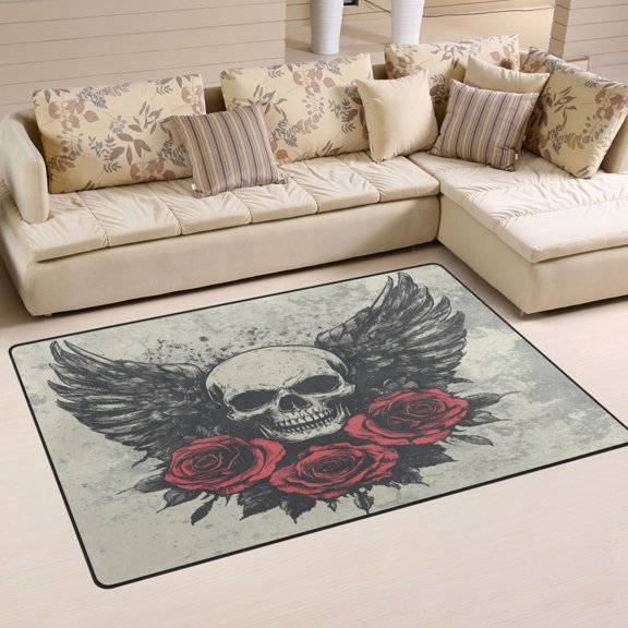 WOBOGO Skull Wings Rose Grunge Style Carpet Non-Slip Rugs Soft Doormat 31×20in Living Dining Room Bedroom Decorative
