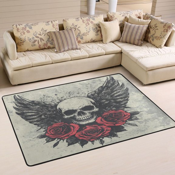 WOBOGO Skull Wings Rose Grunge Style Carpet Non-Slip Rugs Soft Doormat 36×24in Living Dining Room Bedroom Decorative