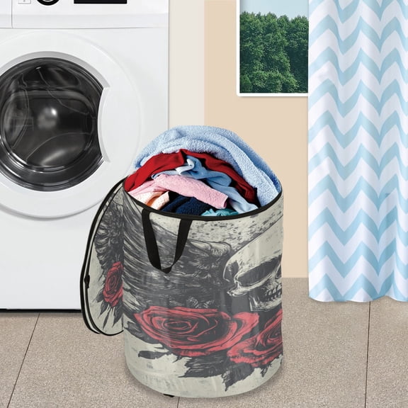 WOBOGO Skull Wings Rose Grunge Style Foldable Laundry Baskets with Carry Handle Zipper Closure Travel Bathroom College Dorm Essentials