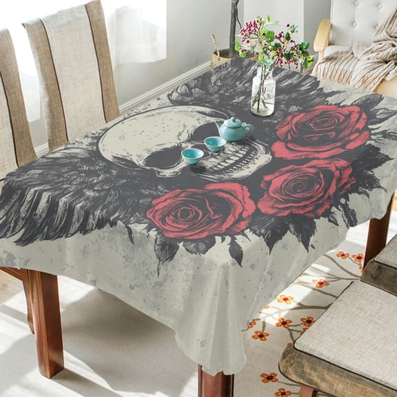 WOBOGO Skull Wings Rose Grunge Style Square Tablecloth 54×54in Polyester Fabric Tablecloth Washable Dust Resistant Wrinkle Resistant