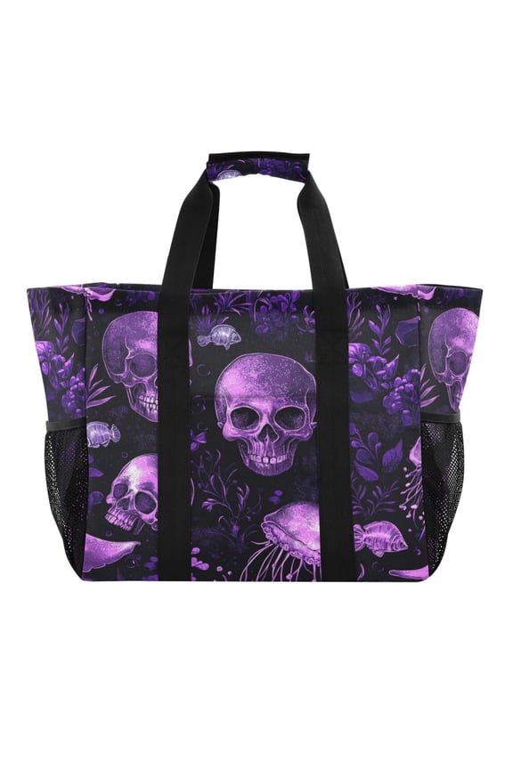 Skulls Jellyfish Purple Pattern Tote Shopping Bag Reusable Heavy Duty Durable Foldable Washable 15.412.89.8in