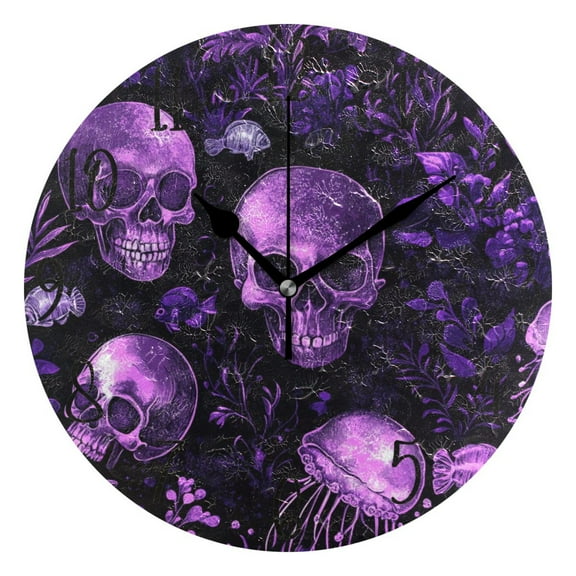 WOBOGO Skulls Jellyfish Purple Pattern Wall Clock 10in Silent Mechanism Battery Operated Retro Style for Living Room Bedroom and Kitchen Black Pointer