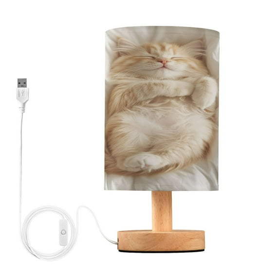 WOBOGO Sleeping Cat Bedroom Table Lamp USB Power Connector Wooden Base Round Linen Shade For Living Room Desk