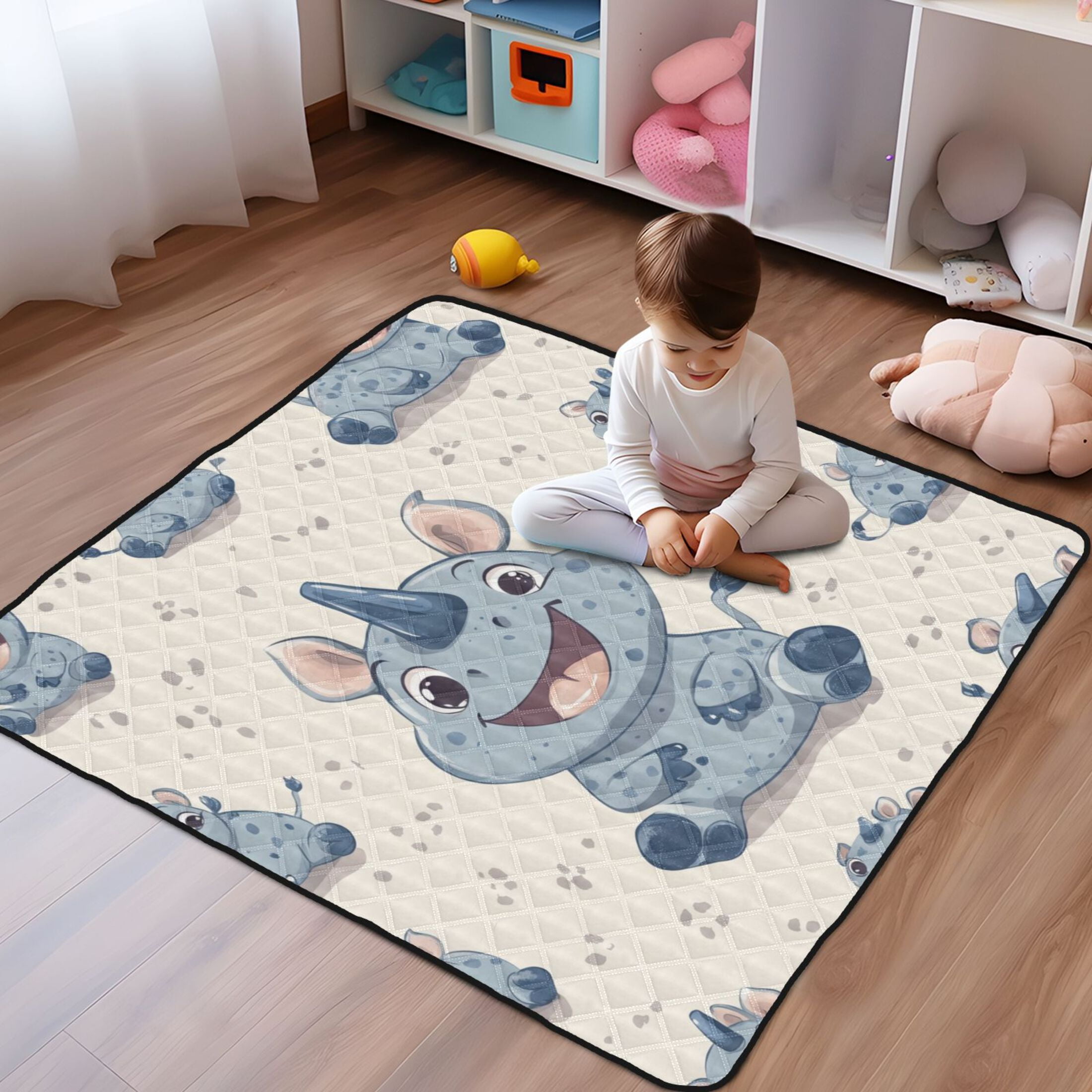 WOBOGO Smile Cute Rhinoceros Baby Playmats Extra Large Waterproof Rollable Activity Pads for Toddlers 50×50inch