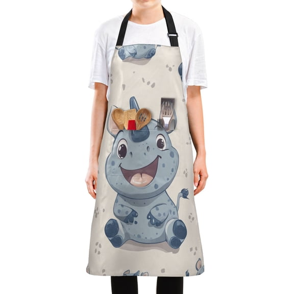 WOBOGO Smile Cute Rhinoceros Long Apron Waterdrop Resistant with 2 Pockets Cooking Kitchen Chef Apron for Women Men