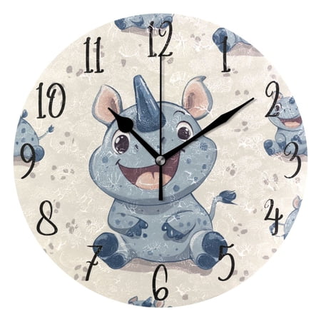 WOBOGO Smile Cute Rhinoceros Wall Clock 10in Silent Mechanism Battery Operated Retro Style for Living Room Bedroom and Kitchen Black Pointer
