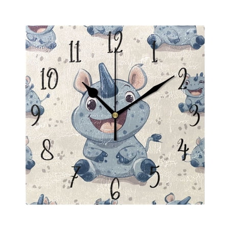 WOBOGO Smile Cute Rhinoceros Wall Clock 7.78 Inch Battery Operated Silent Unit Square Rustic Vintage Style for Home Bedroom Office Black Pointer