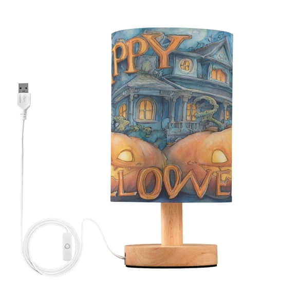 WOBOGO Smiley Pumpkin Bedroom Table Lamp USB Power Connector Wooden Base Round Linen Shade For Living Room Desk