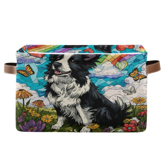 WOBOGO Smiling Border Collie Square Storage Basket with Waterproof Canvas and PE Lining Durable PU Leather Handles 14.2×10.2×8.3in
