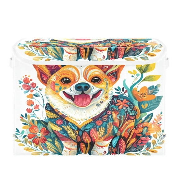 WOBOGO Smiling Corgi Dog Large Collapsible Storage Box Flip Lid Fabric Decorative Organizer Container Basket with Handles 16.512.611.8in