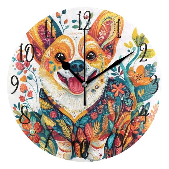 WOBOGO Smiling Corgi Dog Wall Clock 10in Silent Mechanism Battery Operated Retro Style for Living Room Bedroom and Kitchen Black Pointer