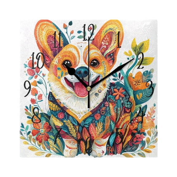 WOBOGO Smiling Corgi Dog Wall Clock 7.78 Inch Battery Operated Silent Unit Square Rustic Vintage Style for Home Bedroom Office Black Pointer