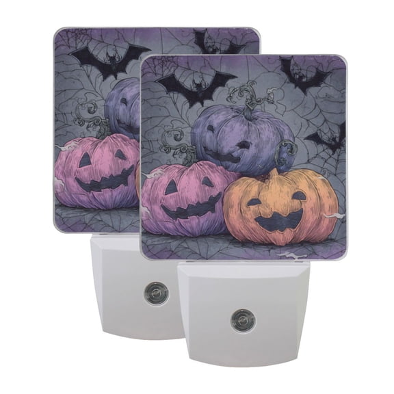WOBOGO Smiling Pumpkins LED Night Light 2 Pcs Set 0.5 Watt Wall Plug in Dusk to Dawn Automatic Switch Soft White Light