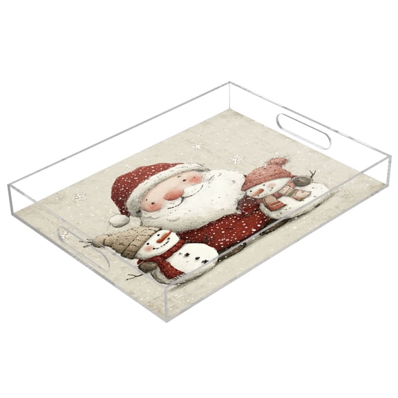 WOBOGO Smiling Santa Claus Acrylic Serving Trays 15.7x11.8 Inch Spill Proof Clear Decorative Organizer with Handle