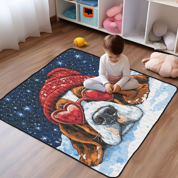 WOBOGO Snow Basset Hound Baby Playmats Extra Large Waterproof Rollable Activity Pads for Toddlers 50×50inch