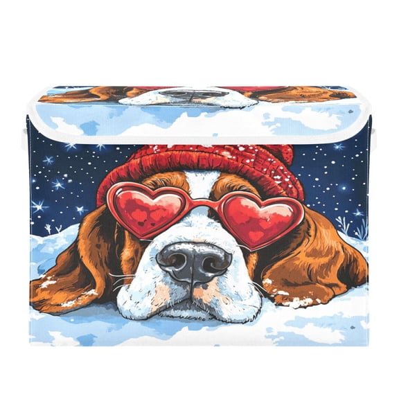 WOBOGO Snow Basset Hound Large Collapsible Storage Box Flip Lid Fabric Decorative Organizer Container Basket with Handles 16.512.611.8in