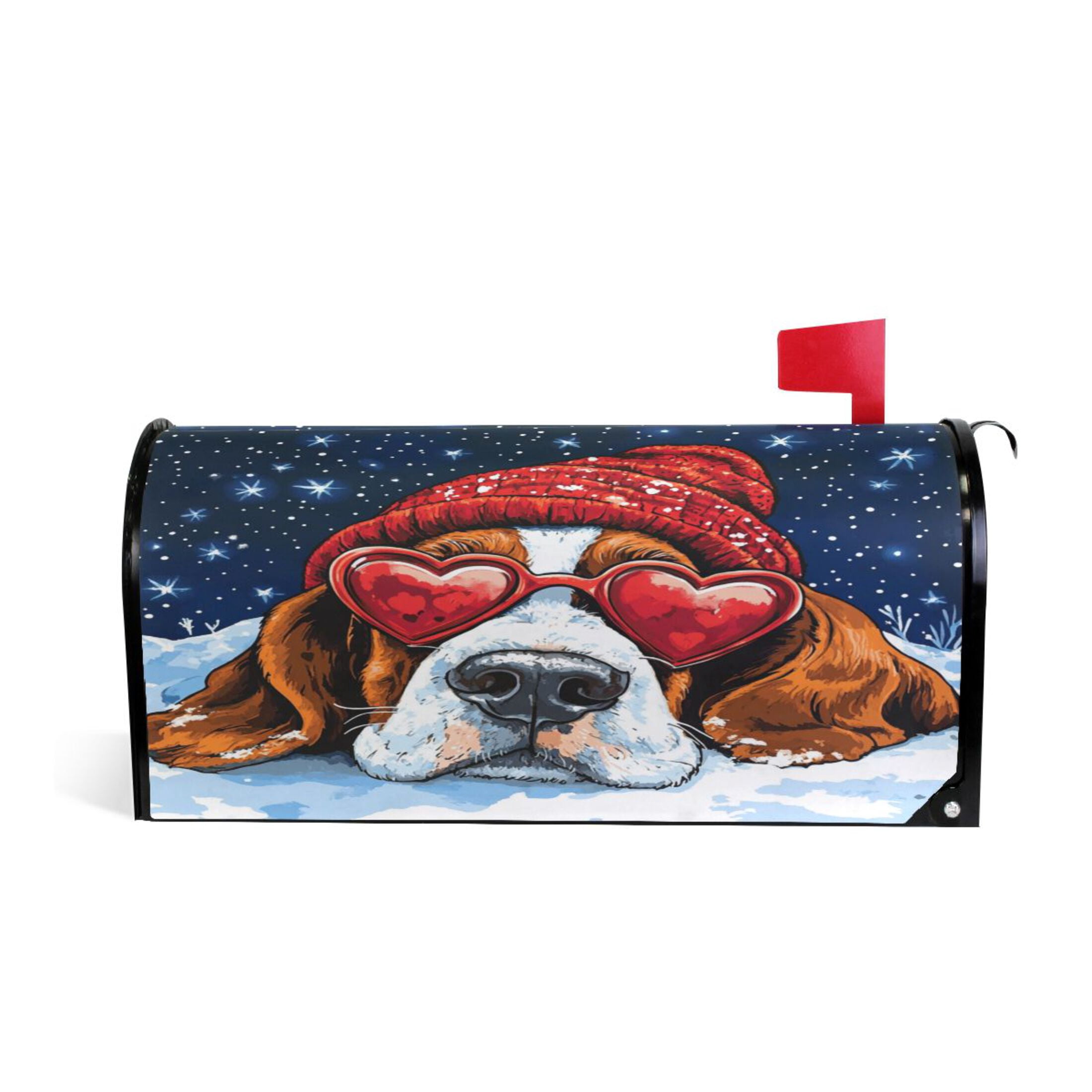 WOBOGO Snow Basset Hound Mailbox Cover Magnetic for Garden Yard Home Decor Standard Size 25.4×20.78in