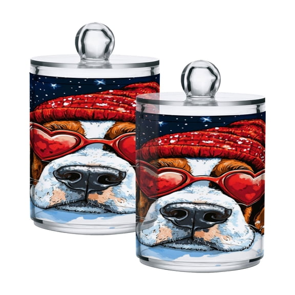 WOBOGO Snow Basset Hound Transparent Plastic Jar 2pcs Cotton Swabs Balls Pads Floss Stick Dispenser Bathroom Vanity Storage Organizer