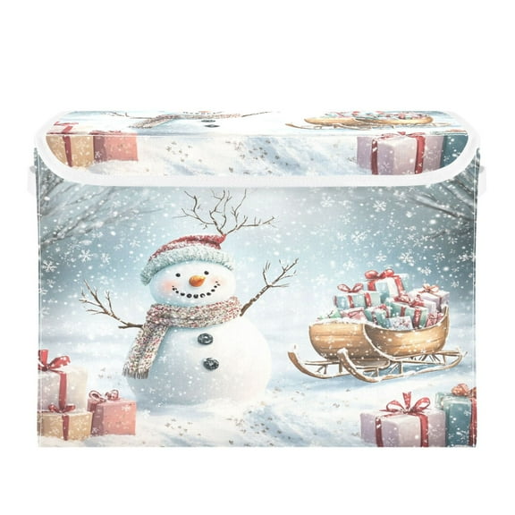 WOBOGO Snowman Next To A Sleigh Full Of Presents Large Collapsible Storage Box Flip Lid Fabric Decorative Organizer Container Basket with Handles 16.512.611.8in