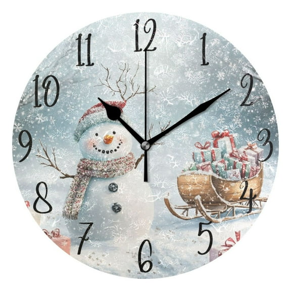 WOBOGO Snowman Next To A Sleigh Full Of Presents Wall Clock 10in Silent Mechanism Battery Operated Retro Style for Living Room Bedroom and Kitchen Black Pointer