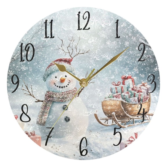 WOBOGO Snowman Next To A Sleigh Full Of Presents Wall Clock 10in Silent Mechanism Battery Operated Retro Style for Living Room Bedroom and Kitchen Gold Pointer