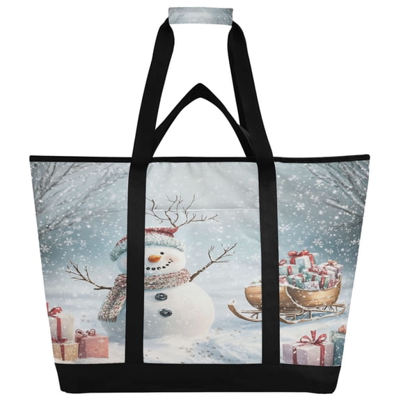 WOBOGO Snowman Next To A Sleigh Full Of Presents Tote Cooler Bag Fold Flat Insulated Shopping Bag With Zipper For Work Picnic Beach Use 18×6.7×24in