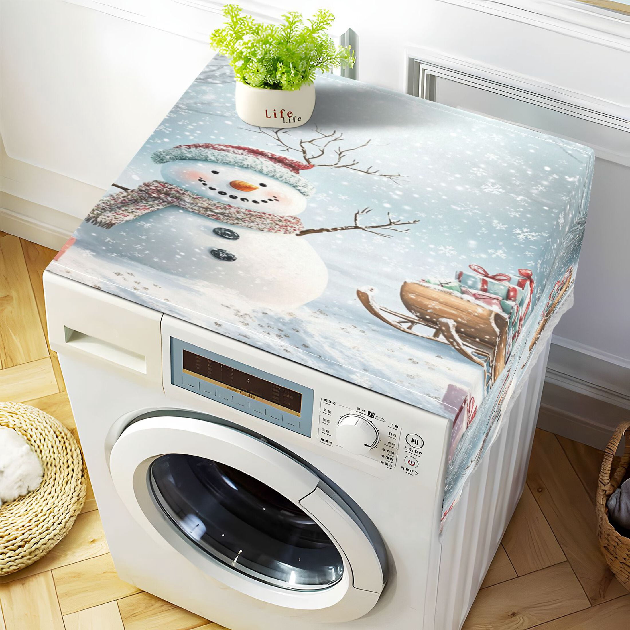 WOBOGO Snowman Next To A Sleigh Full Of Presents Washing Machine Cloth Dryer Refrigerator Top Cover Protective Non-Slip Mat For Kitchen Laundry