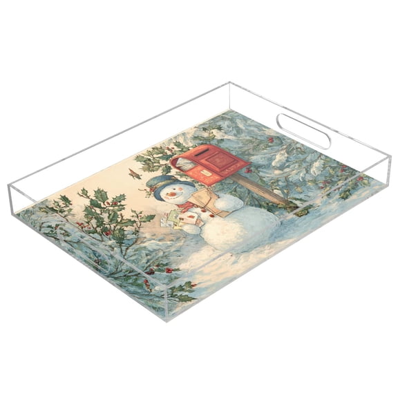 WOBOGO Snowman Postman Acrylic Serving Trays 15.7x11.8 Inch Spill Proof Clear Decorative Organizer with Handle