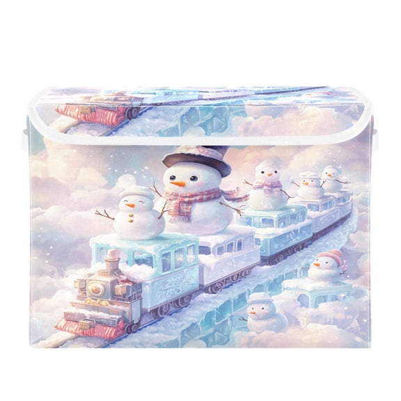 WOBOGO Snowman Train Large Collapsible Storage Box Flip Lid Fabric Decorative Organizer Container Basket with Handles 16.512.611.8in