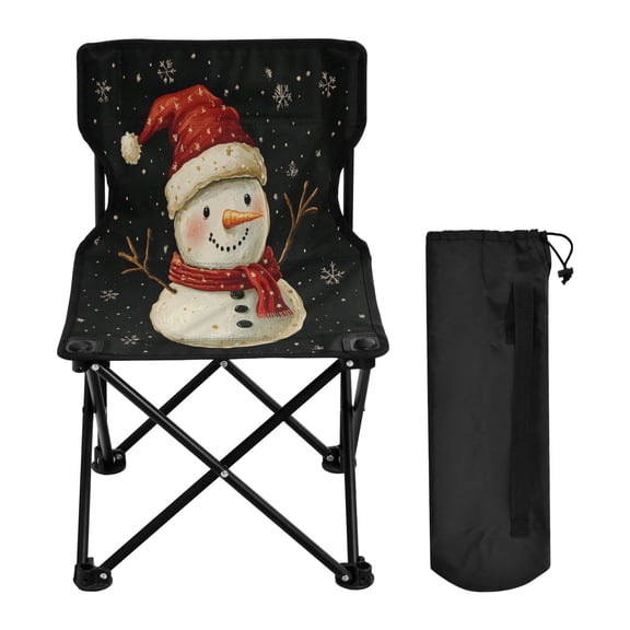 WOBOGO Snowman Wearing Red Hat on Black Background Camping Chair Convenient Four Corner Backrest Folding Stool Can Hold Up to 220lbs