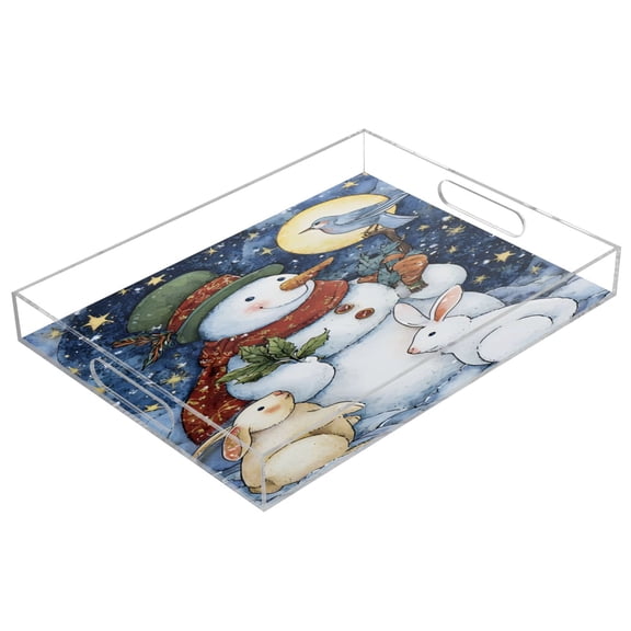 WOBOGO Snowman with Rabbits Acrylic Serving Trays 15.7x11.8 Inch Spill Proof Clear Decorative Organizer with Handle