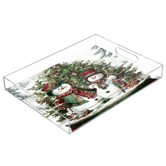 WOBOGO Snowmen Acrylic Serving Trays 15.7x11.8 Inch Spill Proof Clear Decorative Organizer with Handle