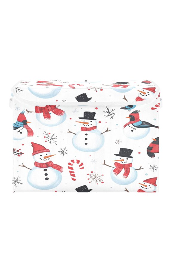 Snowmen Cardinals White Pattern Large Collapsible Storage Box Flip Lid Fabric Decorative Organizer Container Basket with Handles 16.512.611.8in
