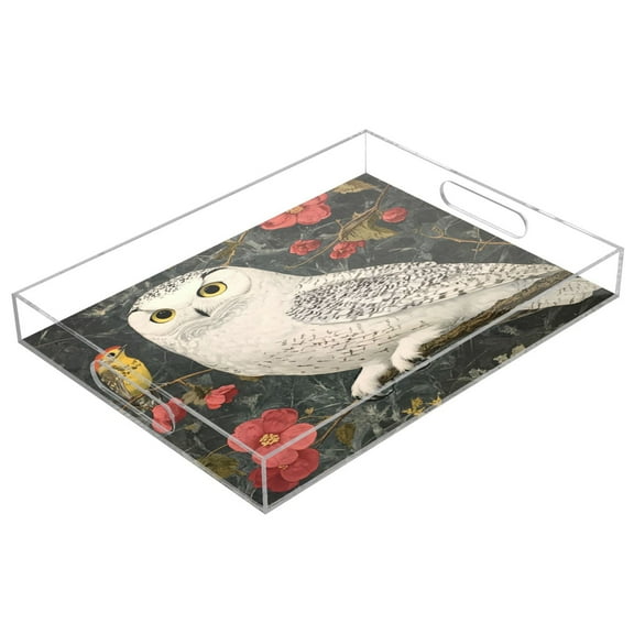 WOBOGO Snowy Owl Acrylic Serving Trays 15.7x11.8 Inch Spill Proof Clear Decorative Organizer with Handle