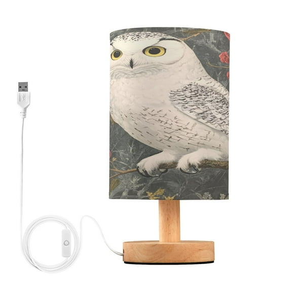 WOBOGO Snowy Owl Bedroom Table Lamp USB Power Connector Wooden Base Round Linen Shade For Living Room Desk