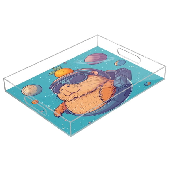 WOBOGO Space Capybara Acrylic Serving Trays 15.7x11.8 Inch Spill Proof Clear Decorative Organizer with Handle