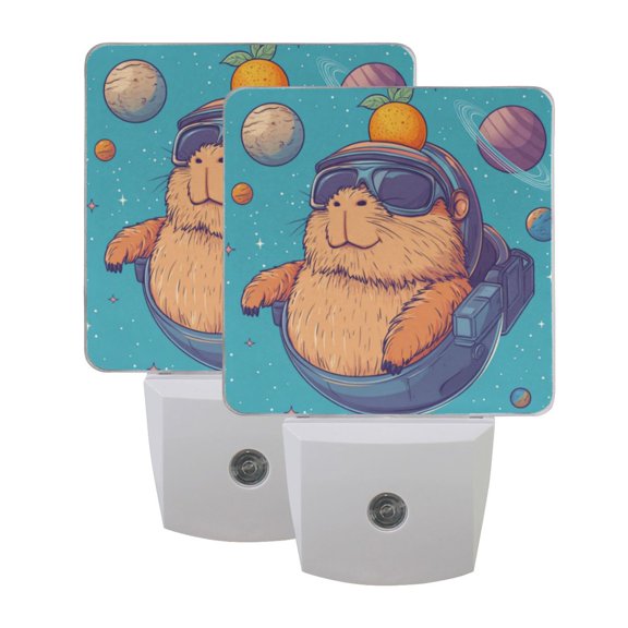 WOBOGO Space Capybara LED Night Light 2 Pcs Set 0.5 Watt Wall Plug in Dusk to Dawn Automatic Switch Soft White Light