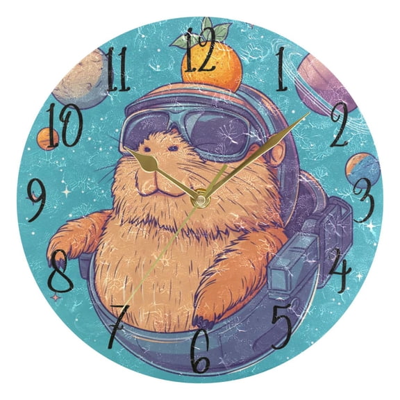 WOBOGO Space Capybara Wall Clock 10in Silent Mechanism Battery Operated Retro Style for Living Room Bedroom and Kitchen Gold Pointer