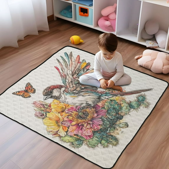 WOBOGO Sparrow with Cactus Flower Baby Playmats Extra Large Waterproof Rollable Activity Pads for Toddlers 50×50inch