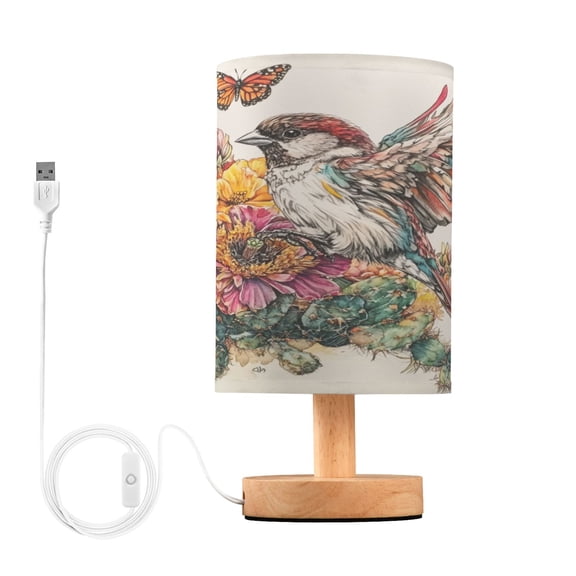 WOBOGO Sparrow with Cactus Flower Bedroom Table Lamp USB Power Connector Wooden Base Round Linen Shade For Living Room Desk