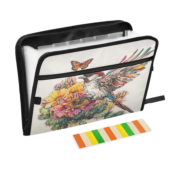 WOBOGO Sparrow with Cactus Flower Expanding File Folder Letter Size Accordion Filing Organizer 13 Pocket Separate Organ Pocket