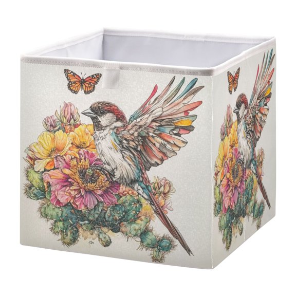 WOBOGO Sparrow with Cactus Flower Storage Basket Foldable Easy to Clean Durable with Hollow Support Plate with Handle 15.75×10.63×6.96 in