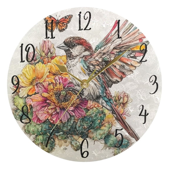 WOBOGO Sparrow with Cactus Flower Wall Clock 10in Silent Mechanism Battery Operated Retro Style for Living Room Bedroom and Kitchen Gold Pointer