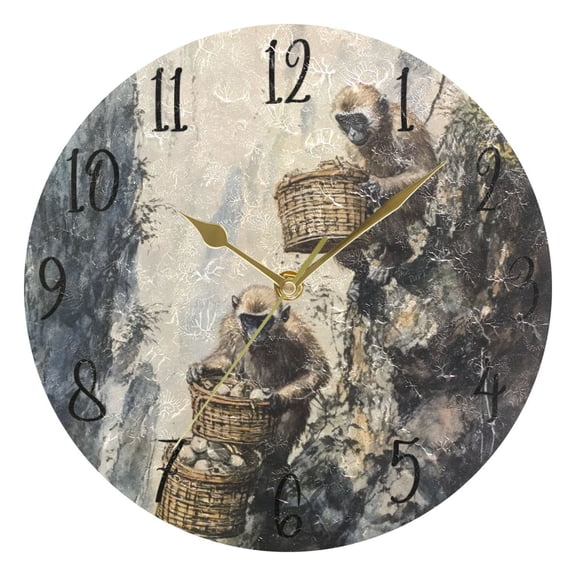 WOBOGO Spirit Monkeys Wall Clock 10in Silent Mechanism Battery Operated Retro Style for Living Room Bedroom and Kitchen Gold Pointer