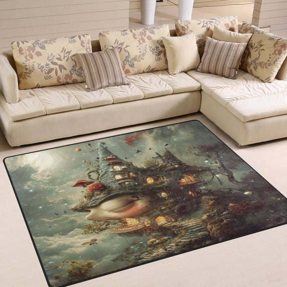 WOBOGO Spooky Castle Carpet Non-Slip Rugs Soft Doormat 63×48in Living Dining Room Bedroom Decorative