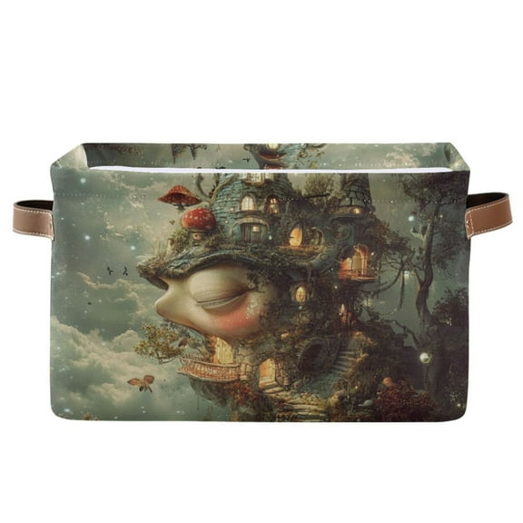 WOBOGO Spooky Castle Square Storage Basket with Waterproof Canvas and PE Lining Durable PU Leather Handles 14.2×10.2×8.3in