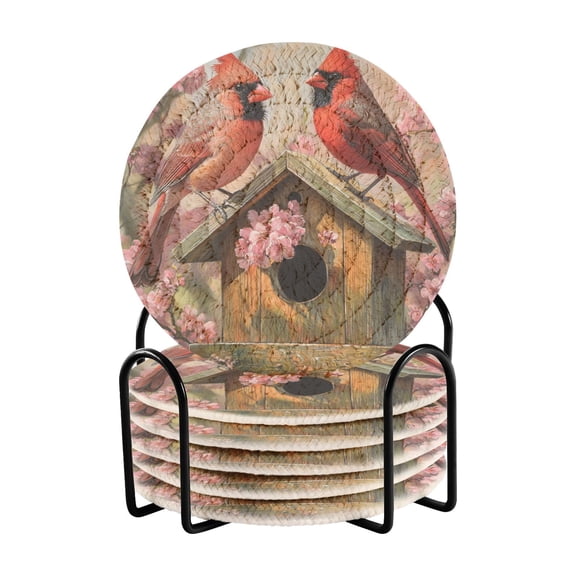 WOBOGO Spring Cardinal Bird Coil Coasters Set of 6 Minimalist Cotton Woven 3.94 inch Non-Slip Insulated and Absorbent Home Accessories.